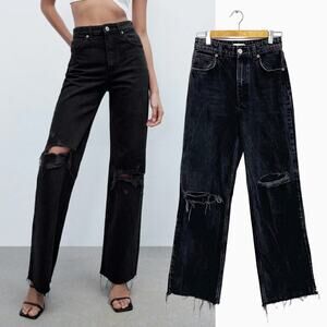 ZARA Black Rigid Denim High Rise Ripped Distressed Wide Leg Full Length Jeans 4